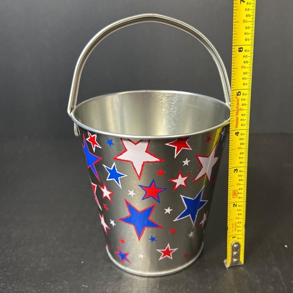 Patriotic Mini Metal Bucket Pails with Red White Blue Stars Silver - Set of 5 - Picture 3 of 4